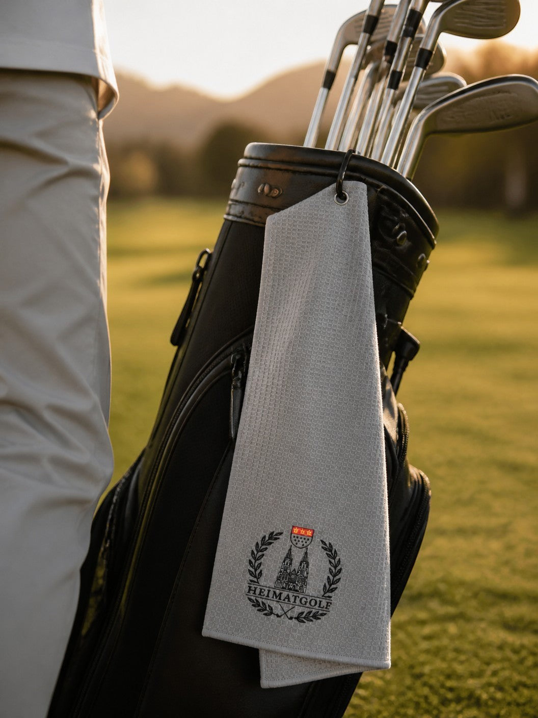 City Golf Shop Waffel-Golftuch in Grau mit Kölner Stadtwappen-Motiv, befestigt an einem Golfbag auf dem Golfplatz.