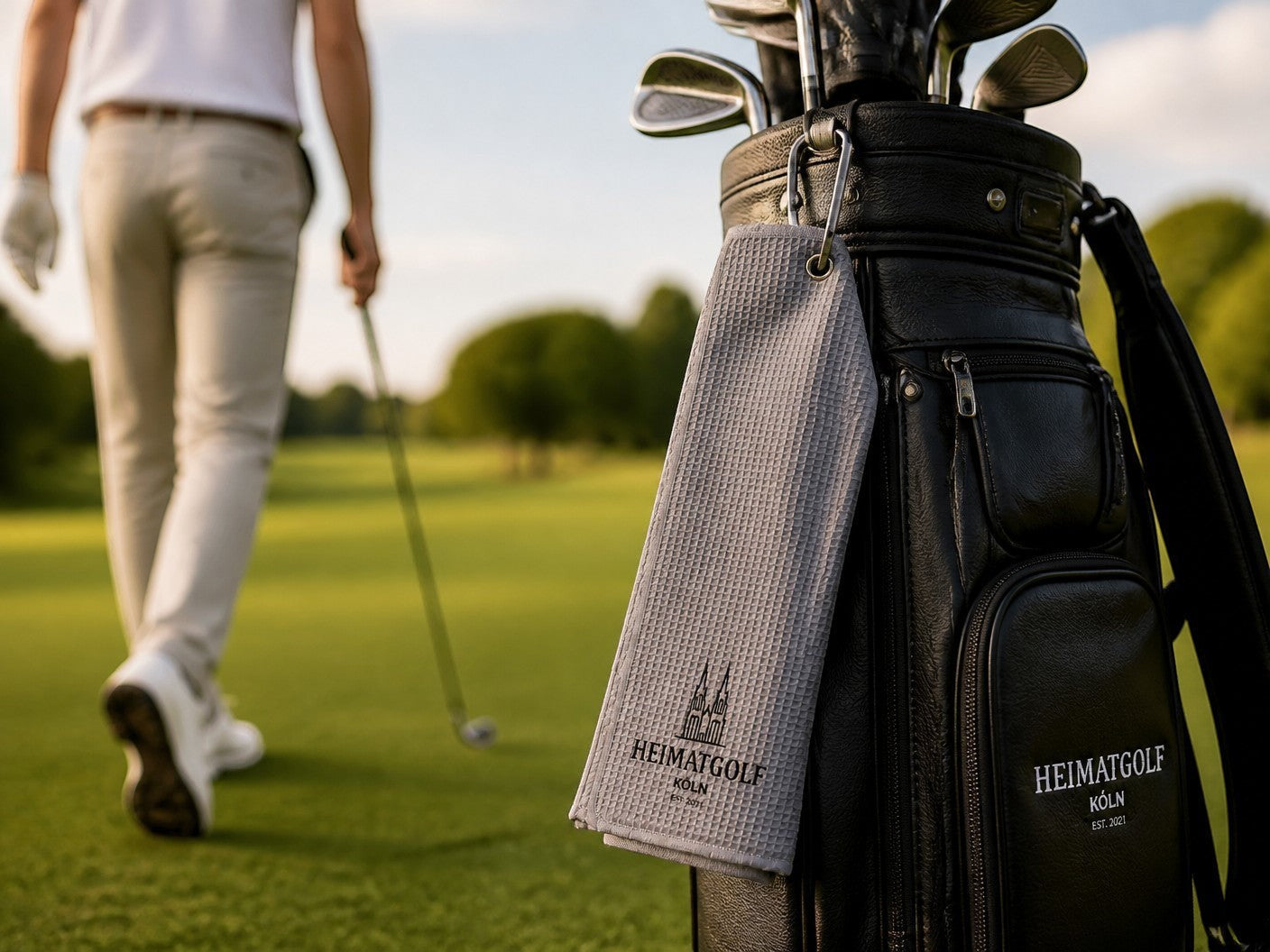 City Golf Shop Waffel-Golftuch in Grau mit Kölner Domspitzen-Motiv, befestigt an einem schwarzen Golfbag auf dem Platz.