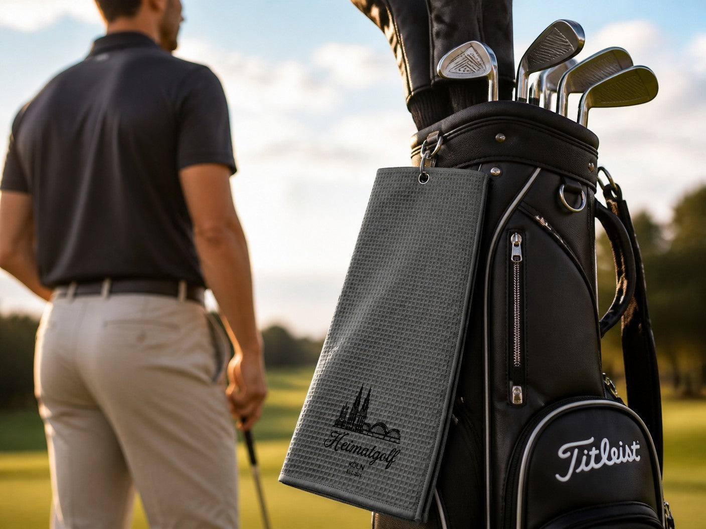 City Golf Shop Waffel-Golftuch in Grau mit Kölner Dom Motiv, befestigt an einem Golfbag auf dem Golfplatz.