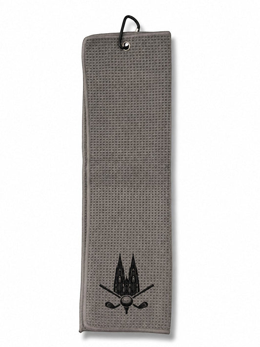 City Golf Shop Waffel-Golftuch in Grau mit Kölner Dom Motiv und Karabiner zur Befestigung am Golfbag