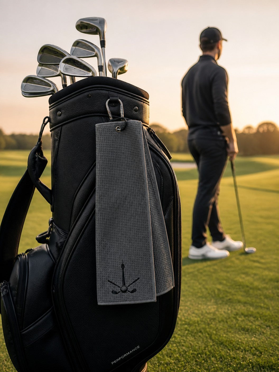 City Golf Shop Waffel-Golftuch in Grau mit Rheinturm-Motiv, befestigt an einem schwarzen Golfbag auf dem Golfplatz.