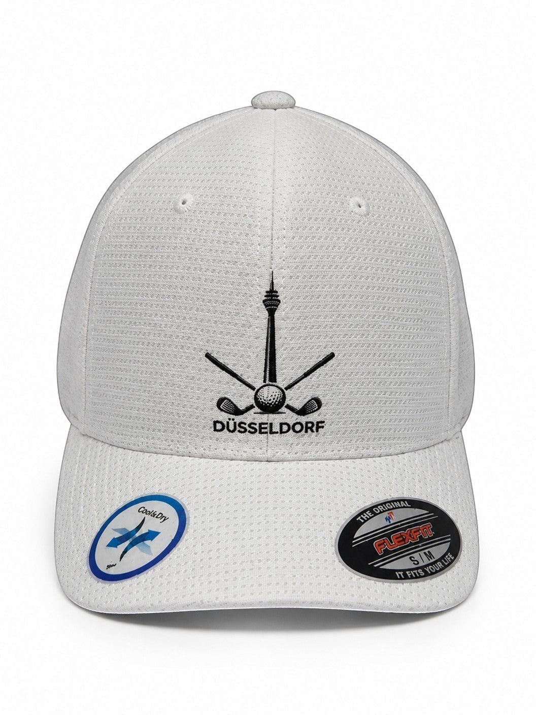 City Golf Shop Heimatgolf Flexfit Cap in Weiß mit Düsseldorfer Rheinturm Logo und atmungsaktivem Wabenmuster