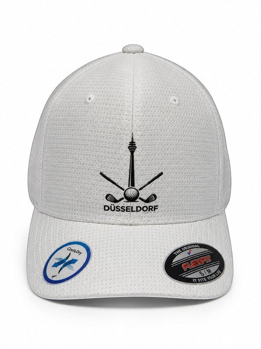 City Golf Shop Heimatgolf Flexfit Cap in Weiß mit Düsseldorfer Rheinturm Logo und atmungsaktivem Wabenmuster