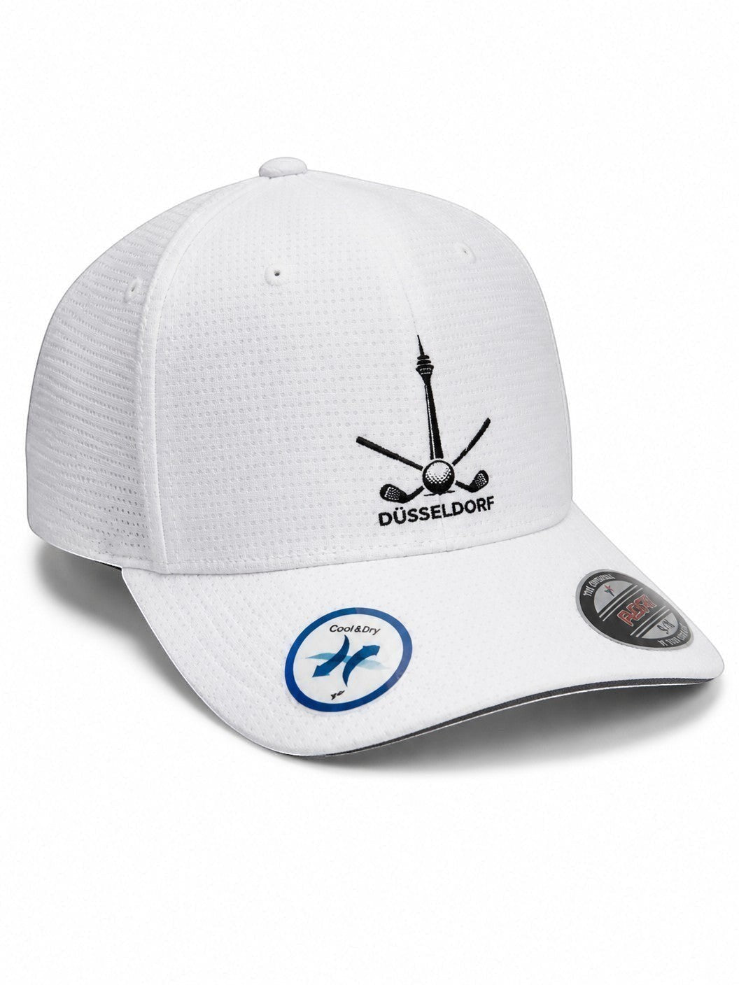 City Golf Shop Düsseldorf Golfkappe in Weiß mit Rheinturm-Motiv, atmungsaktivem Material und Flexfit-Passform.