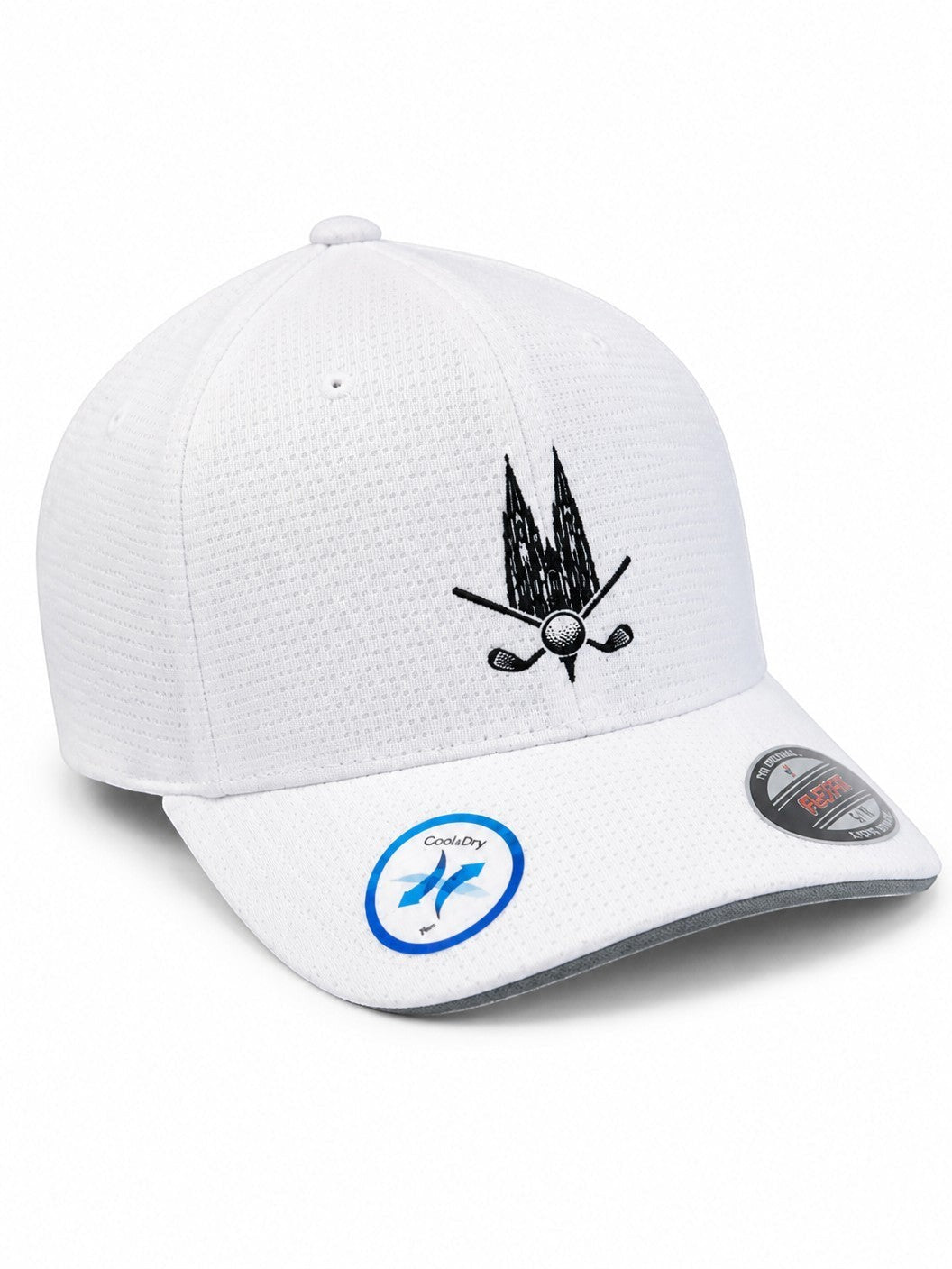 City Golf Shop Heimatgolf Flexfit Cap in Weiß mit Kölner Dom Stickerei, Golfschlägern und Cool & Dry Technologie.