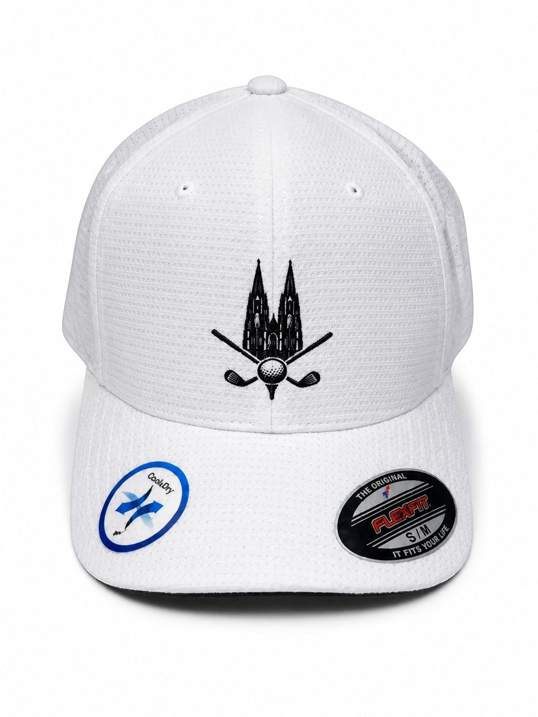 City Golf Shop Heimatgolf Flexfit Cap in Weiß mit Kölner Dom Stickerei, Golfschlägern und Cool & Dry Technologie.