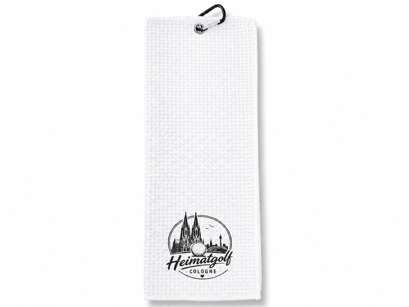 City Golf Shop weißes Waffel-Golfhandtuch mit schwarzem Heimatgolf Köln Motiv und praktischem Karabinerhaken