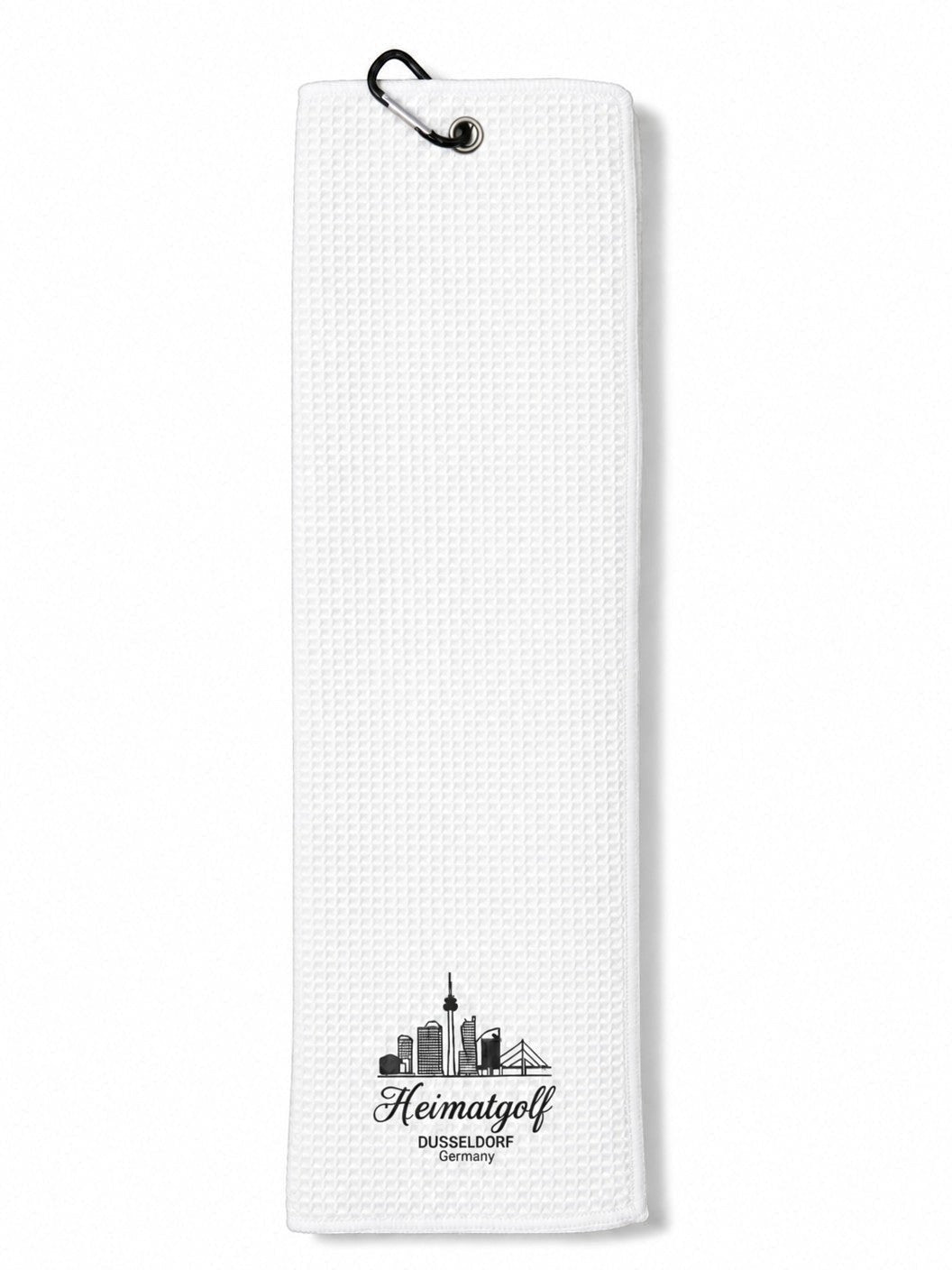 City Golf Shop weißes Waffel-Golftuch mit schwarzem Düsseldorf Skyline Motiv und praktischem Karabinerhaken