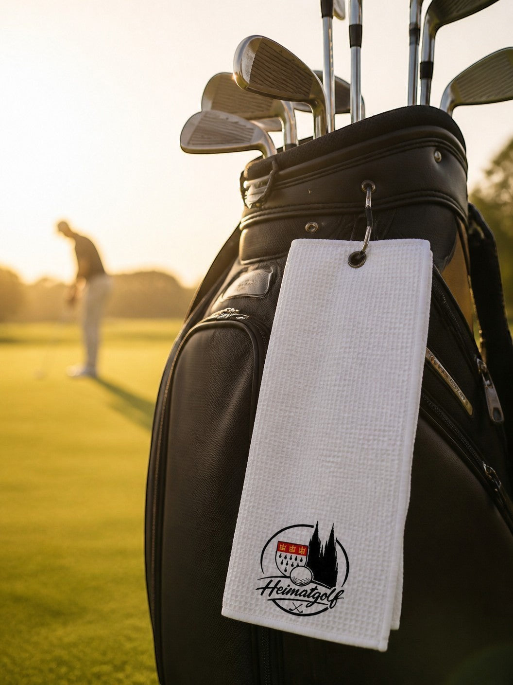City Golf Shop Waffel-Golftuch in Weiß mit Köln-Motiv, befestigt an einem Golfbag auf dem Golfplatz.
