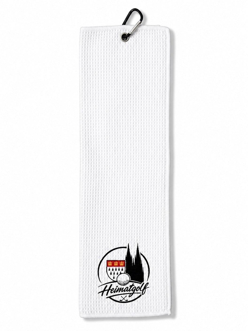 City Golf Shop weißes Waffel-Golftuch mit Köln-Motiv, Kölner Dom Logo und Karabinerhaken zur Befestigung am Golfbag
