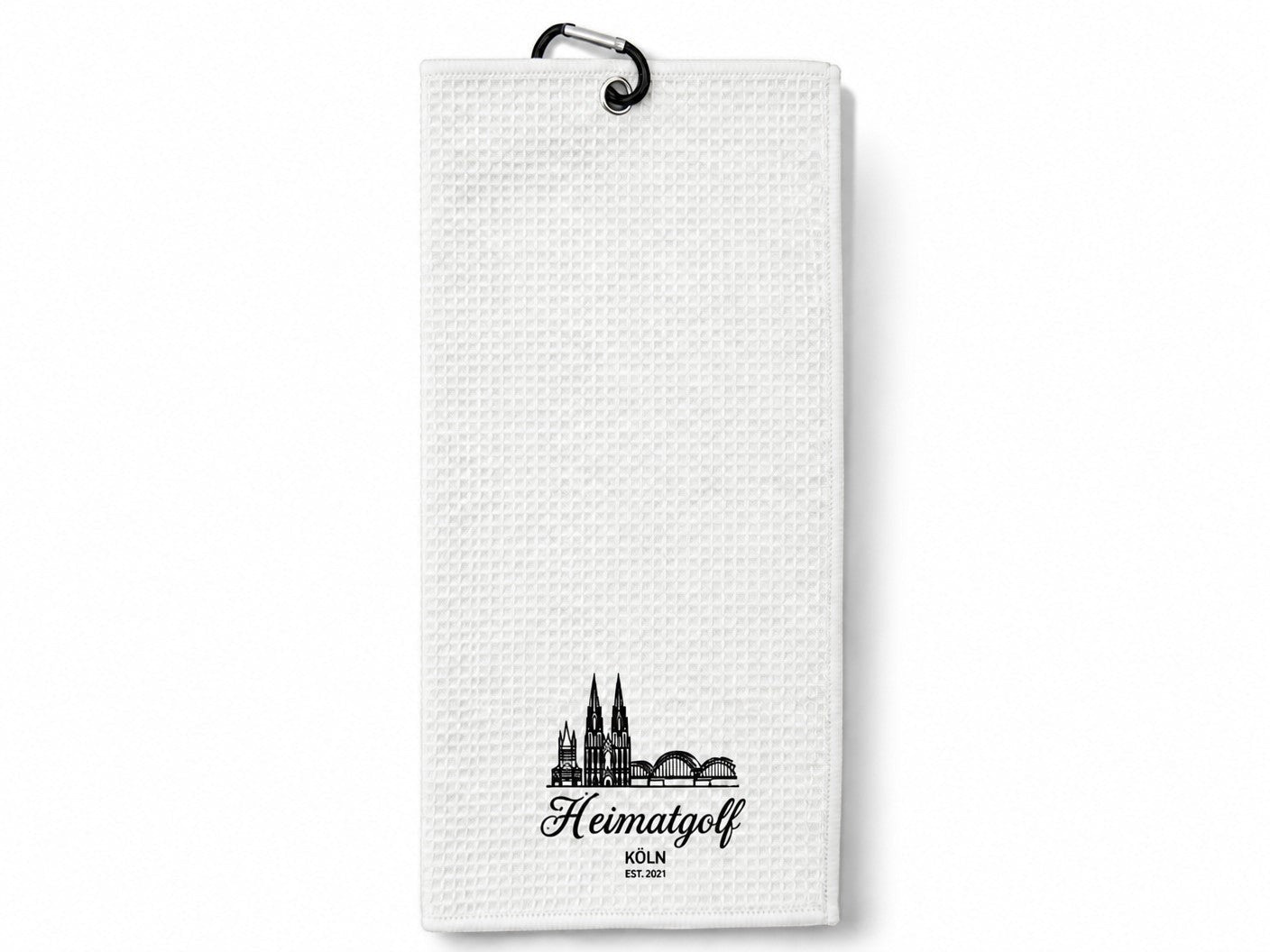 City Golf Shop Waffel-Golftuch in Weiß mit schwarzem Kölner Dom Motiv und praktischem Karabinerhaken