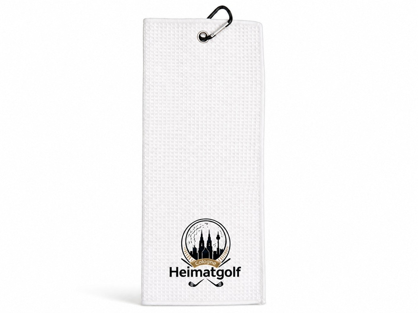 City Golf Shop weißes Waffel-Golftuch mit Kölner Dom Motiv und Karabinerhaken zur Befestigung am Golfbag