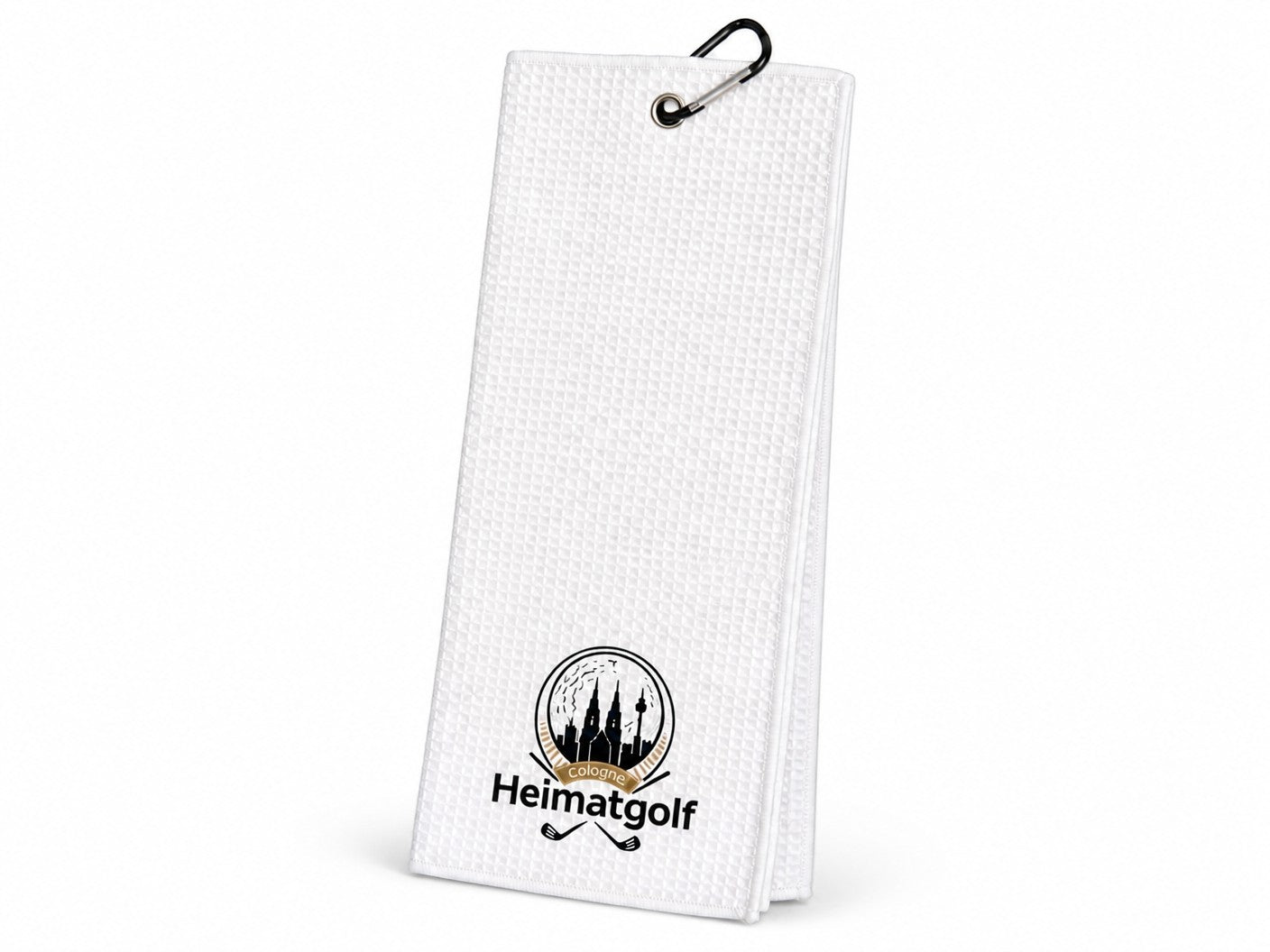 City Golf Shop weißes Waffel-Golftuch mit Kölner Dom Motiv und Karabinerhaken zur Befestigung am Golfbag