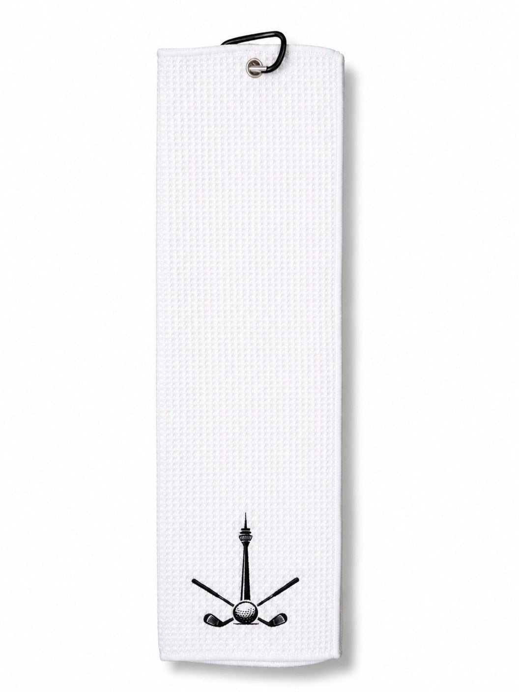 City Golf Shop Waffel-Golftuch in Weiß mit Rheinturm-Motiv und schwarzem Karabiner zur Befestigung am Golfbag