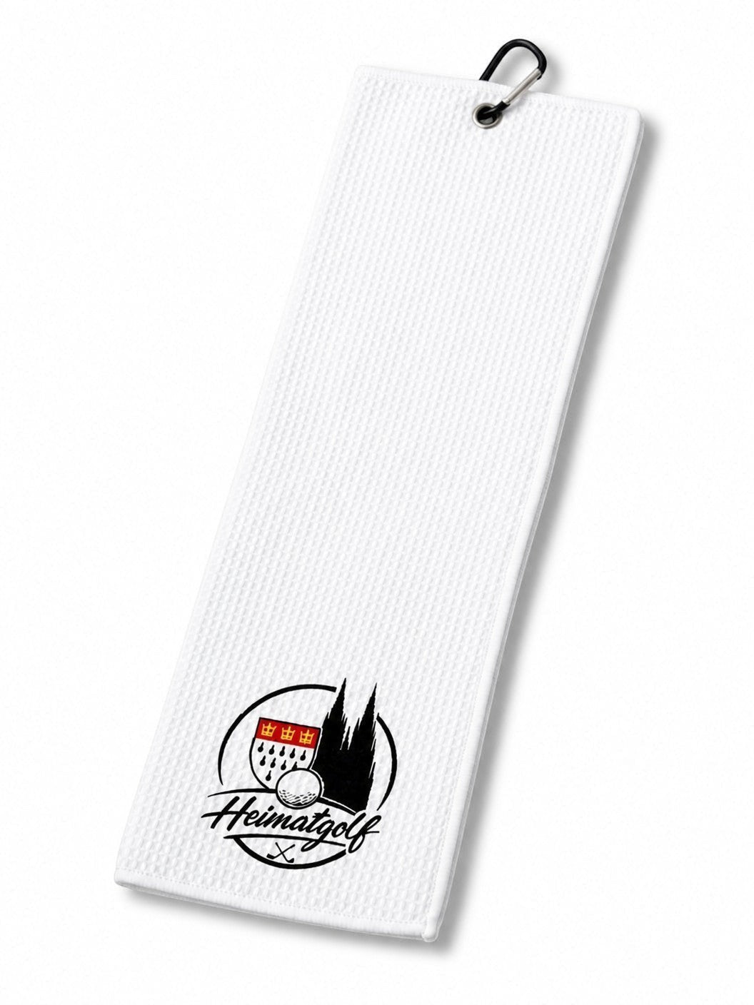 City Golf Shop Waffel-Golftuch in Weiß mit schwarzem Heimatgolf Köln Logo und praktischem Karabinerhaken