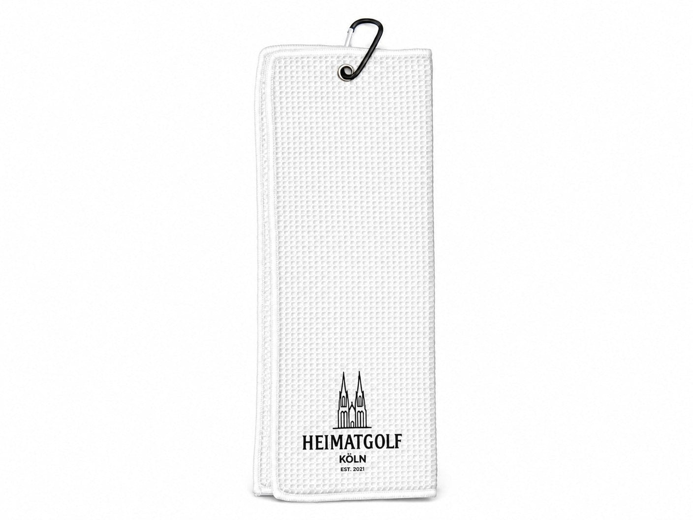 City Golf Shop weißes Waffel-Golftuch mit Domspitzen-Motiv und schwarzem Karabinerhaken