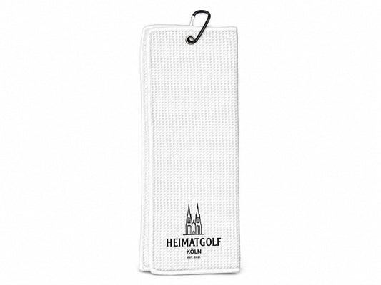 City Golf Shop weißes Waffel-Golftuch mit Domspitzen-Motiv und schwarzem Karabinerhaken