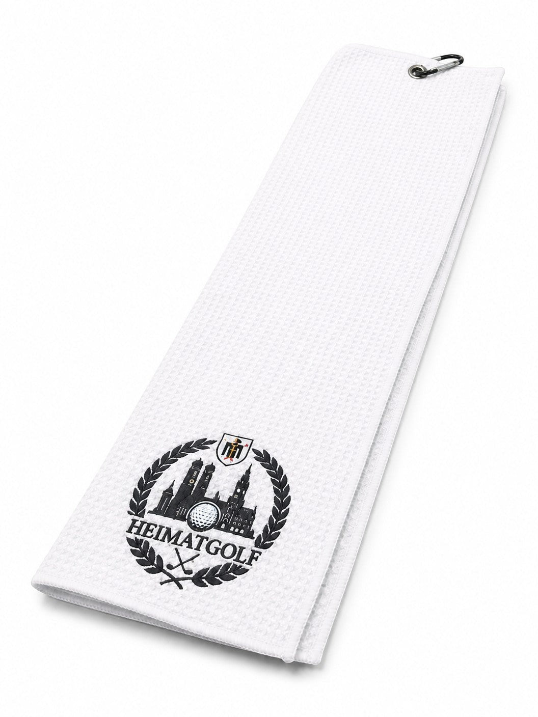 City Golf Shop Premium Waffel-Golftuch in Weiß mit Heimatgolf München Motiv, inklusive Karabiner zur Befestigung