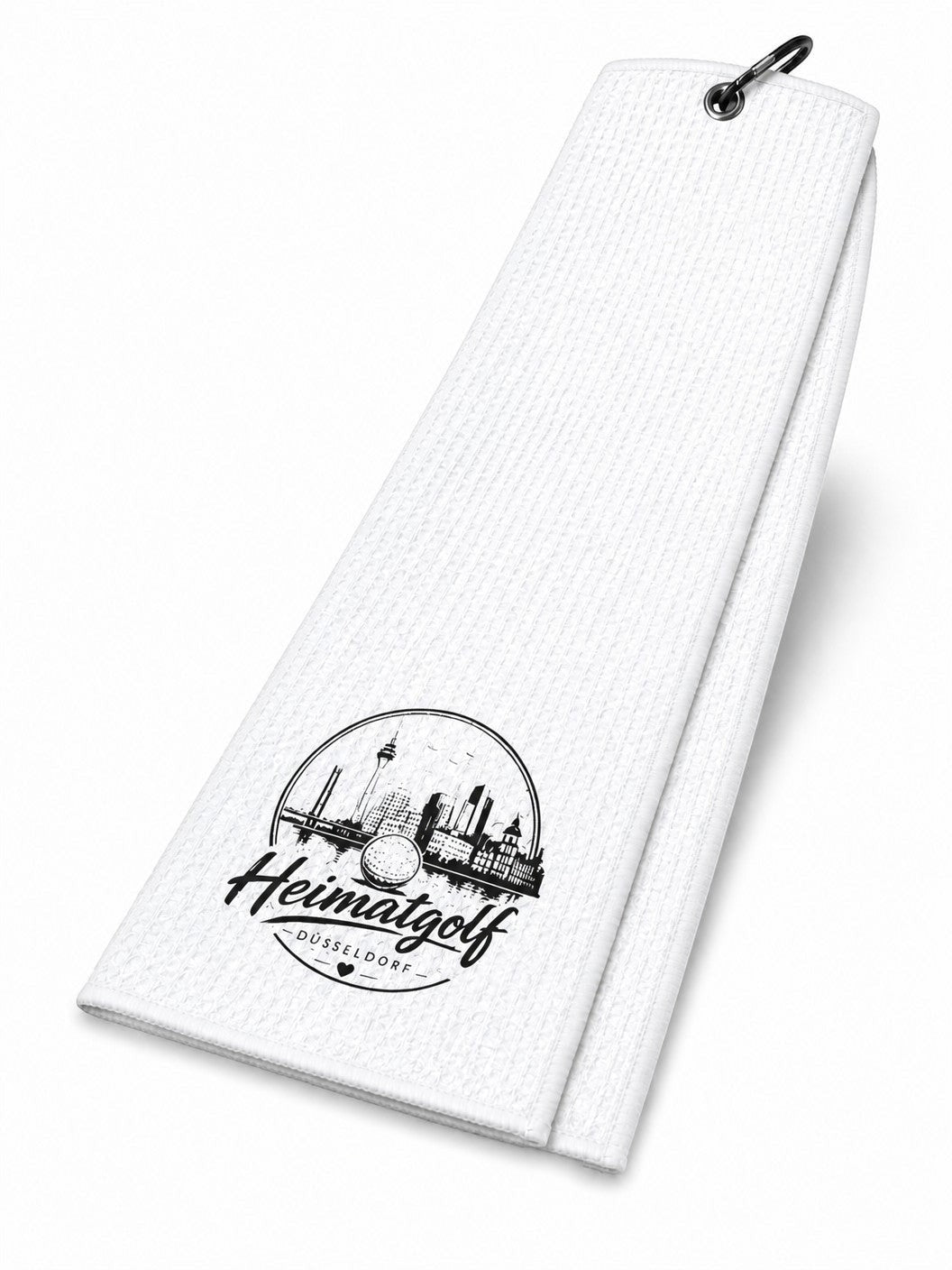 City Golf Shop Waffel-Golftuch in Weiß mit schwarzem Heimatgolf Düsseldorf Skyline-Druck und Karabinerhaken