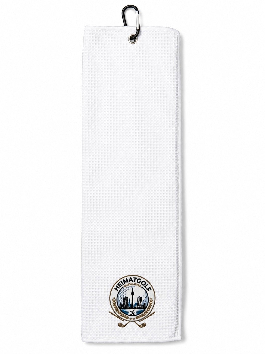 City Golf Shop weißes Waffel-Golftuch mit Heimatgolf Düsseldorf Logo und Karabinerhaken zur Befestigung am Golfbag